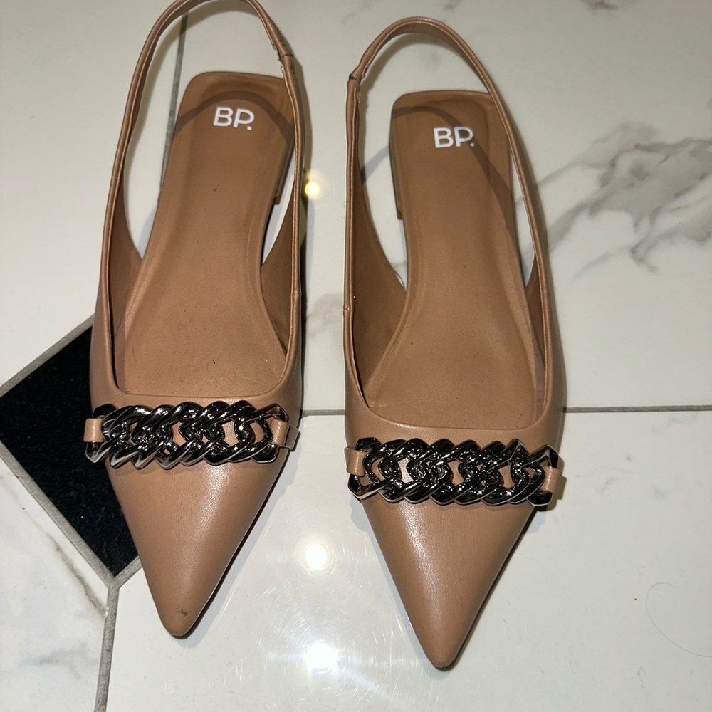 BP Brown Slingback Flats with Black Chain Accent